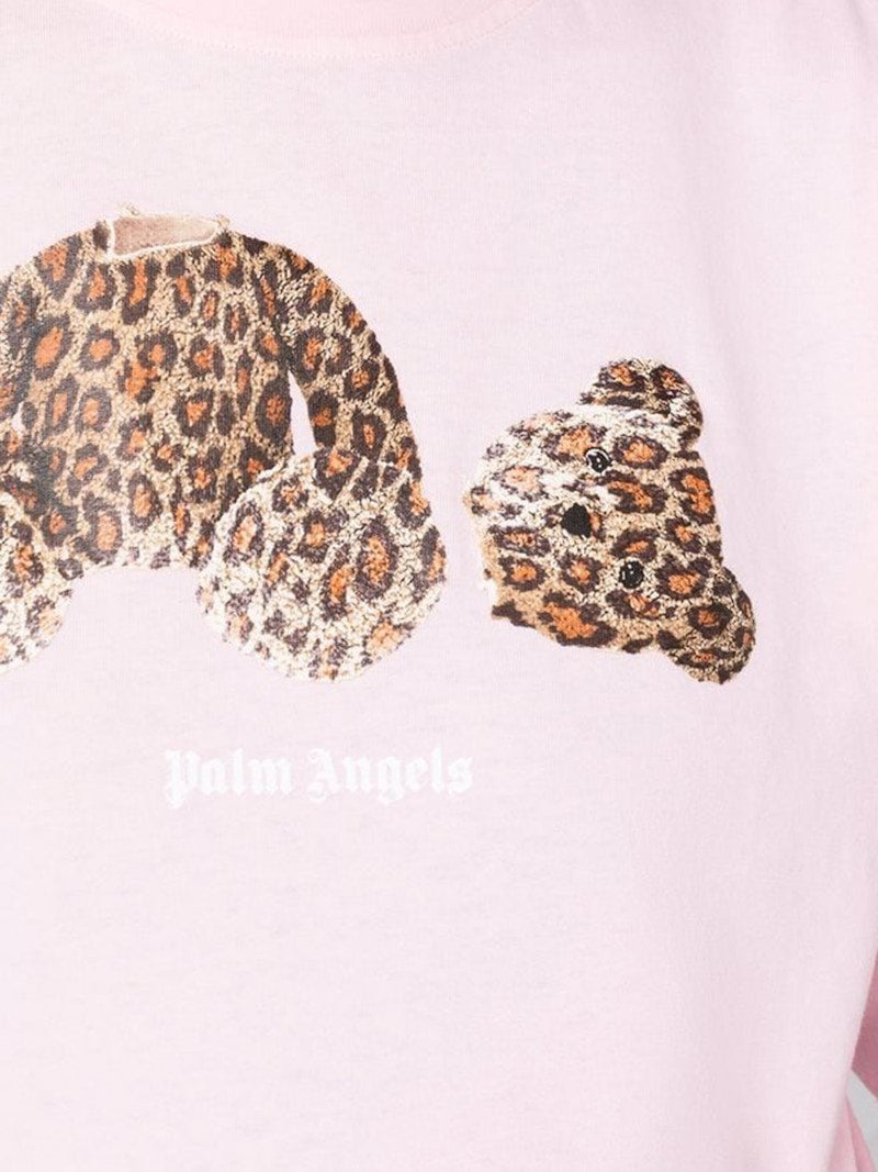 Palm Angels Womens Leopard Bear Cropped T-Shirt Pink/Brown