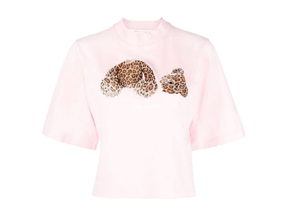 Palm Angels Womens Leopard Bear Cropped T-Shirt Pink/Brown