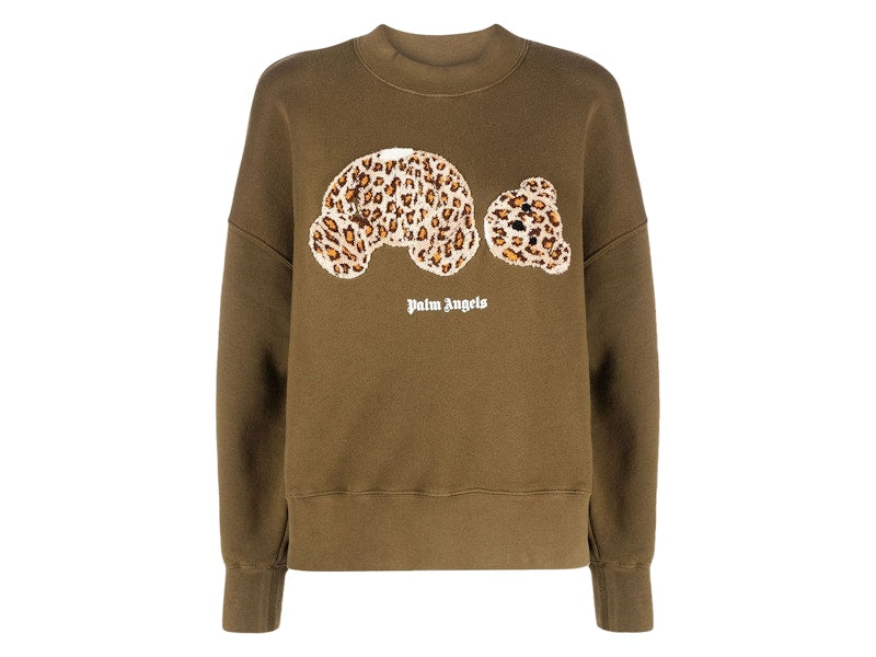 Palm Angels Womens Leopard Bear Sweatshirt Military/Brown