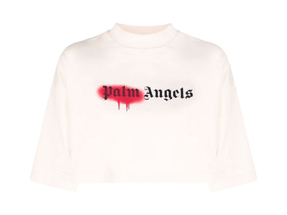 Palm Angels Womens Sprayed Logo Cropped T-Shirt Off White/Red