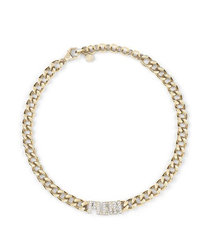 Philipp Plein Lettering Crystal Cuban Links Necklace Gold