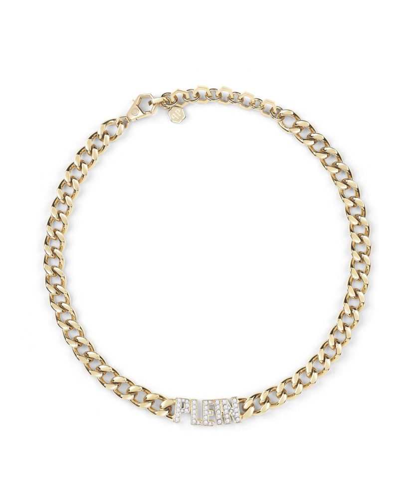 Philipp Plein Lettering Crystal Cuban Links Necklace Gold