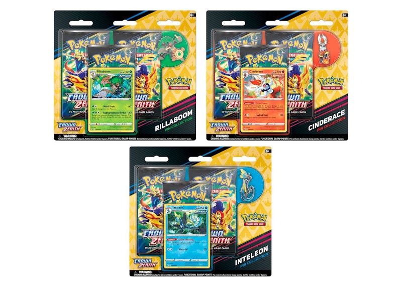 Pokémon TCG Sword & Shield Crown Zenith Rillaboom/Cinderace/Inteleon Pin Collection 3x Bundle