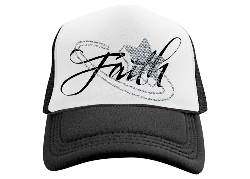 Pop Smoke Faith Rhinestone Trucker Hat Black/White