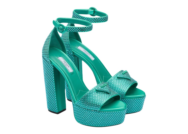 Prada 135mm Crystal Platform Sandals Absinthe Satin
