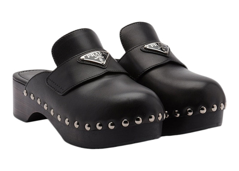 Prada 45mm Studded Clogs Black Leather