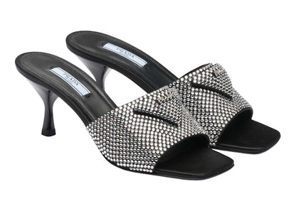 Prada 65mm Crystal Heeled Sandals Black Satin