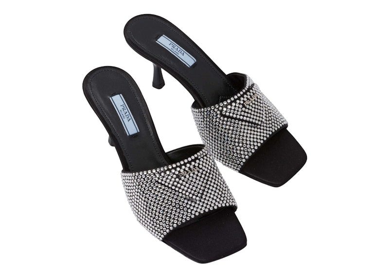 Prada 65mm Crystal Heeled Sandals Black Satin