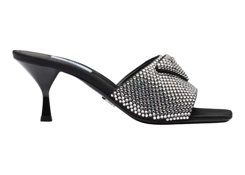 Prada 65mm Crystal Heeled Sandals Black Satin