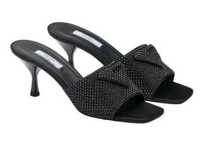 Prada 65mm Heeled Sandals Black Crystal Satin