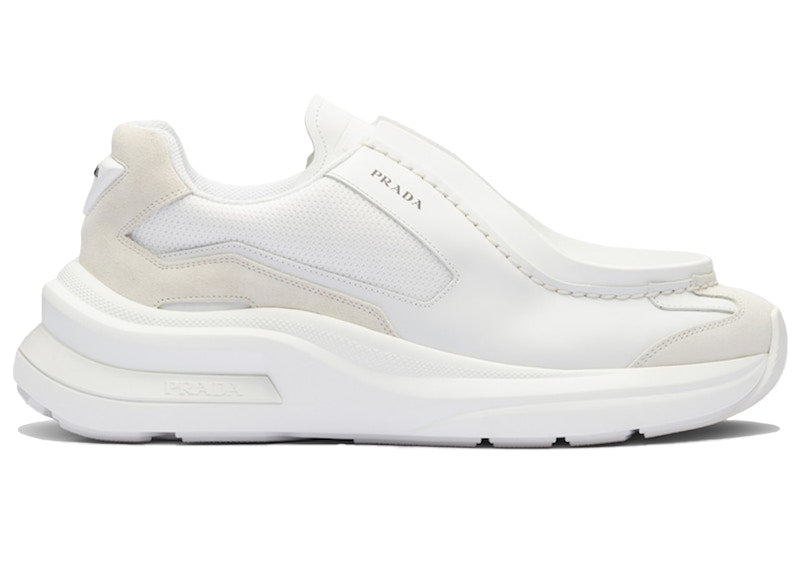 Prada Brushed Leather Sneakers Bike Fabric Suede White