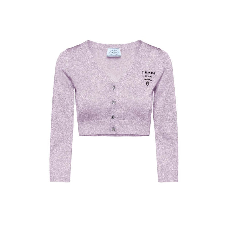 Prada Cropped Lurex Cardigan Sweater Lilac
