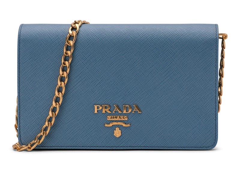 Prada Crossbody With Chain Saffiano Leather Baby Blue