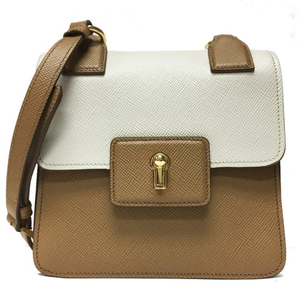 Prada Cuir Pattina Shoulder Bag Saffiano Caramel Beige/Talco White