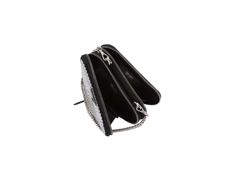 Prada Embellished Satin and Leather Mini Pouch Crystal