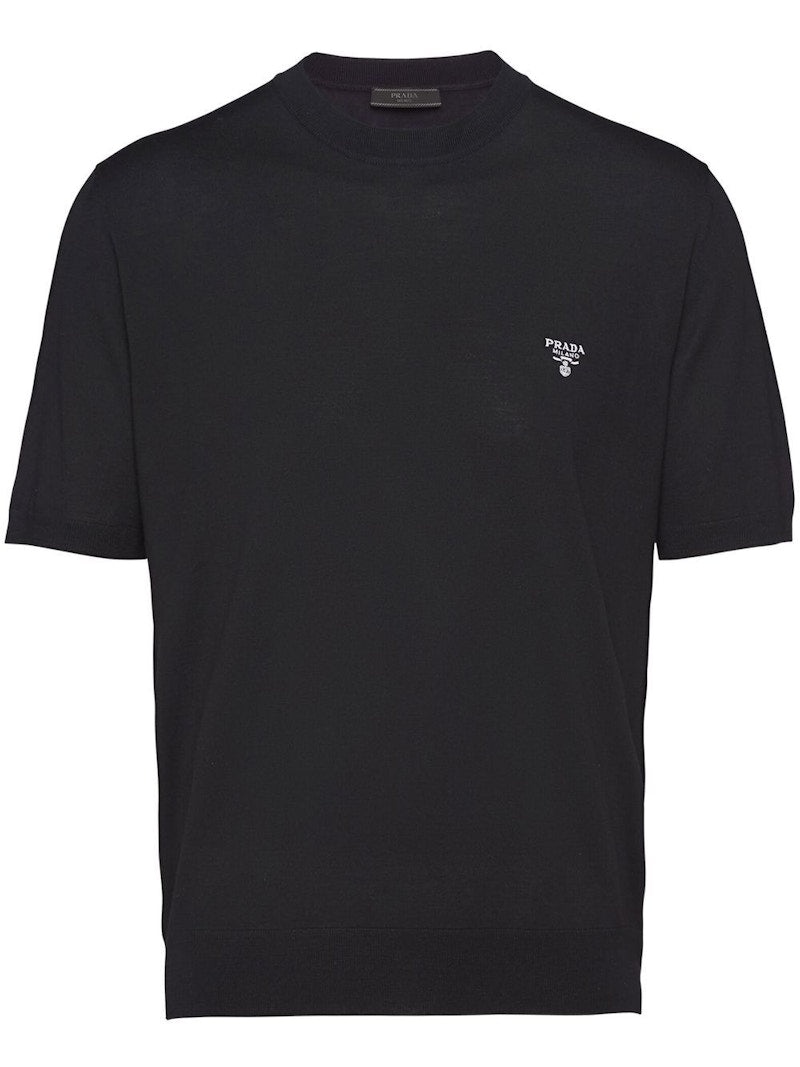 Prada Embroidered Logo Wool Short Sleeved Shirt Black