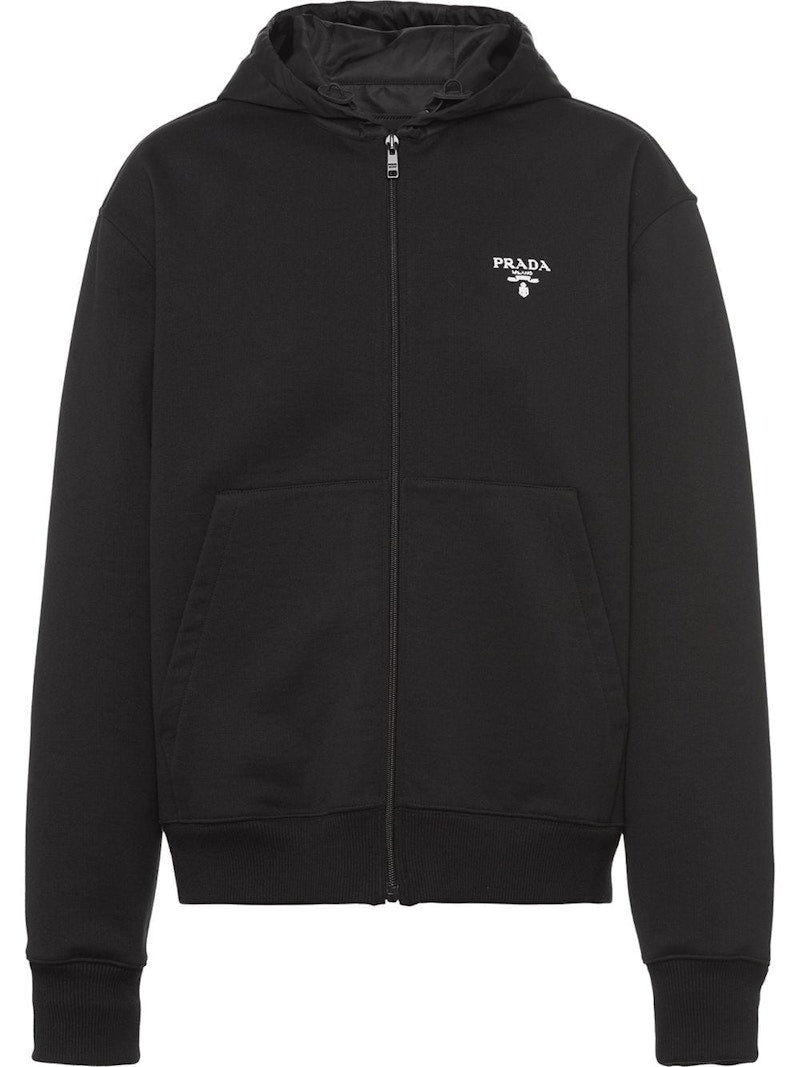 Prada Logo Embroidered Zip Up Hoodie Black