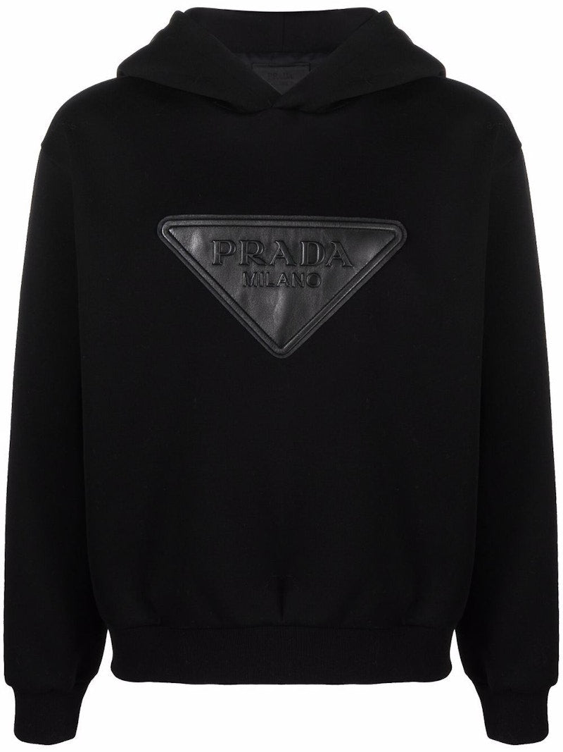 Prada Logo Leather Patch Hoodie Black