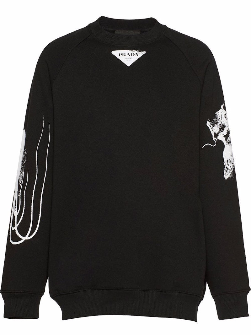 Prada Marine Print Oversized Fit Cotton Sweatshirt Black