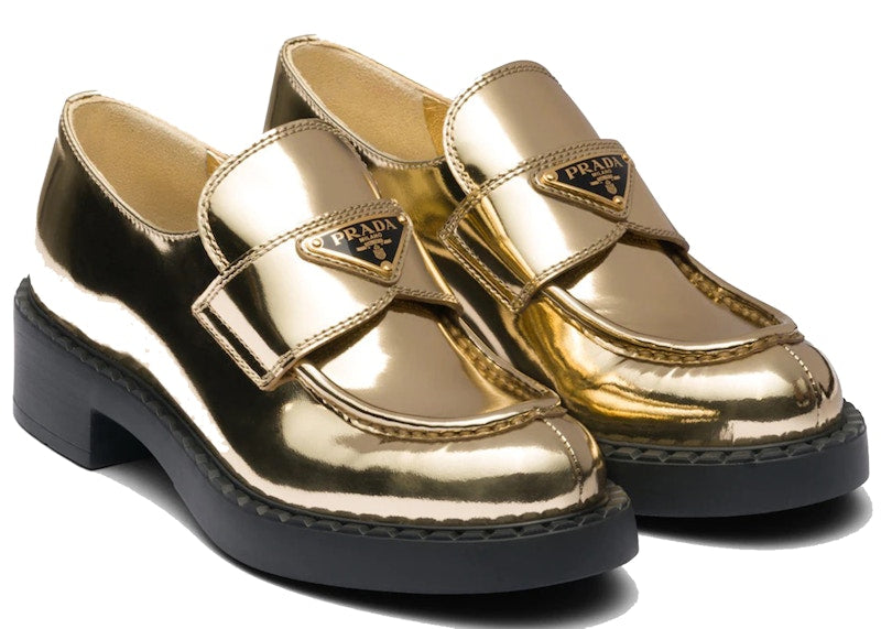 Prada Metallic 50mm Loafers Platinum Gold Leather