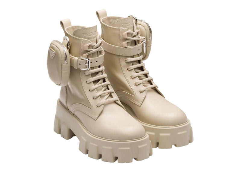 Prada Monolith 55mm Pouch Ankle Boots Desert Beige Leather