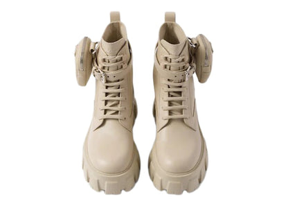 Prada Monolith 55mm Pouch Ankle Boots Desert Beige Leather