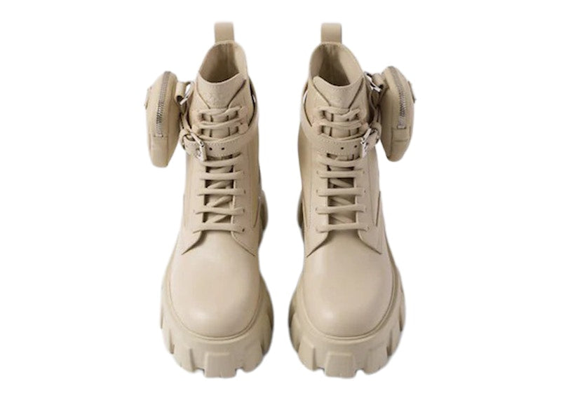 Prada Monolith 55mm Pouch Ankle Boots Desert Beige Leather