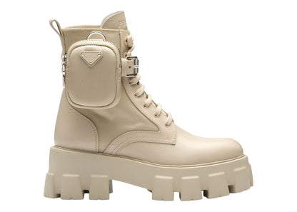 Prada Monolith 55mm Pouch Ankle Boots Desert Beige Leather