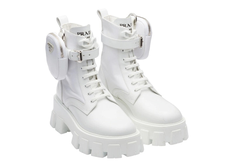 Prada Monolith 55mm Pouch Ankle Boots White Leather