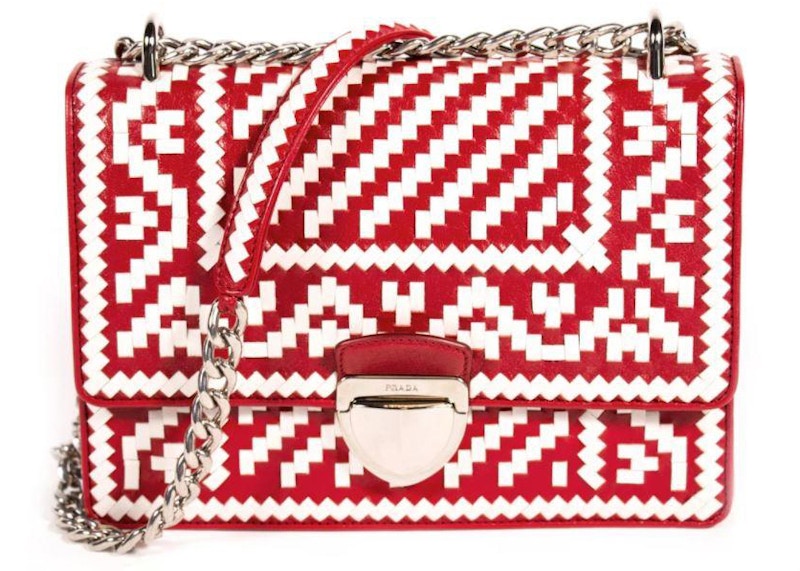 Prada Pattina Woven Pattern Madras Shoulder Bag White/Red