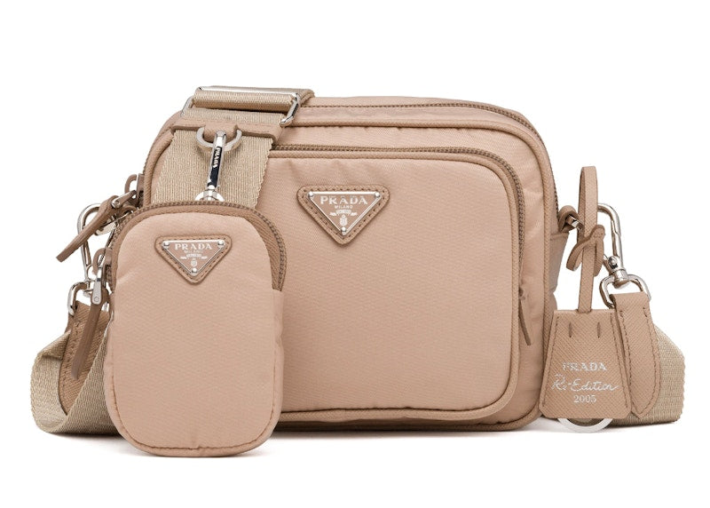 Prada Re-Edition 2005 Nylon Bag Silver-tone Cameo Beige