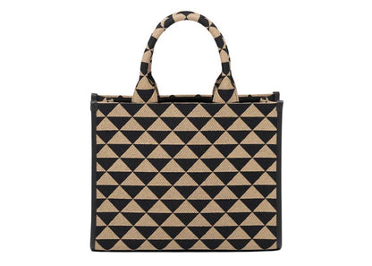 Prada Small Symbole Embroidered Fabric Handbag Black/Beige