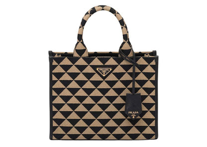 Prada Small Symbole Embroidered Fabric Handbag Black/Beige