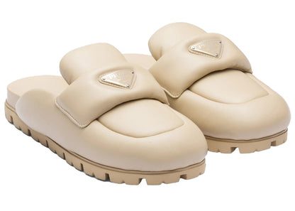 Prada Soft Padded 20mm Sabots Desert Beige Nappa Leather