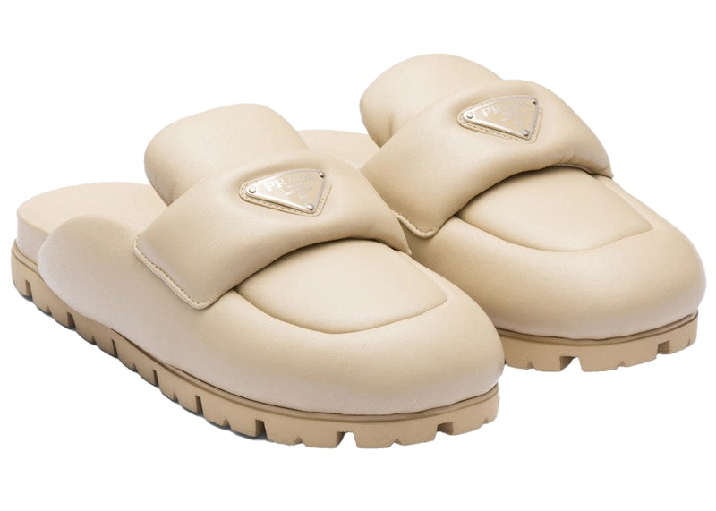 Prada Soft Padded 20mm Sabots Desert Beige Nappa Leather
