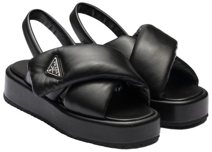 Prada Soft Padded 35mm Wedge Sandals Black Nappa Leather