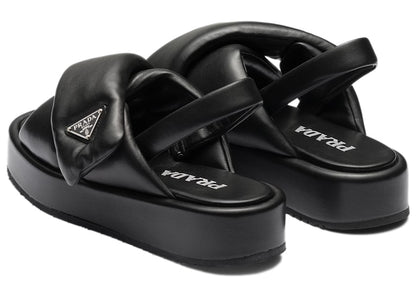 Prada Soft Padded 35mm Wedge Sandals Black Nappa Leather