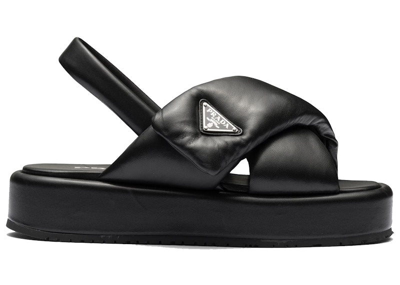 Prada Soft Padded 35mm Wedge Sandals Black Nappa Leather