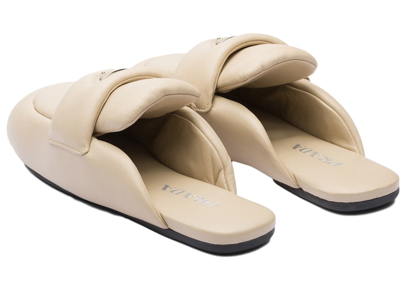 Prada Soft Padded 5mm Sabots Desert Beige Leather