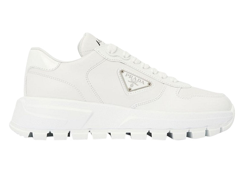 Prada Triangle Logo Leather Sneakers Triple White