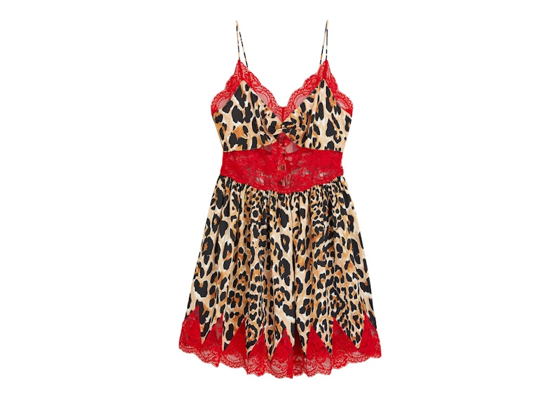 Rabanne H&M Lace-Trimmed Satin Slip Dress Leopard-Print