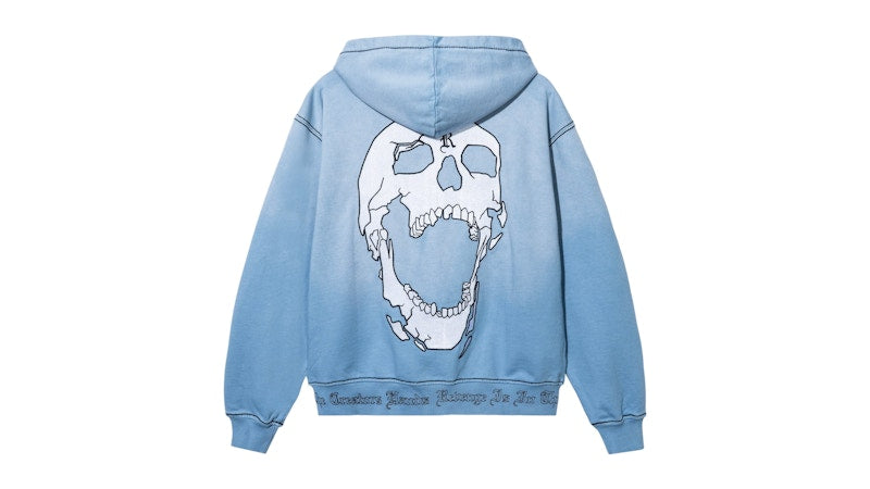 Revenge Contrast Skull Embroidered Zip Sweatshirt Washed Baby Blue/White
