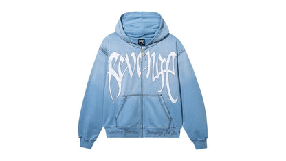 Revenge Contrast Skull Embroidered Zip Sweatshirt Washed Baby Blue/White