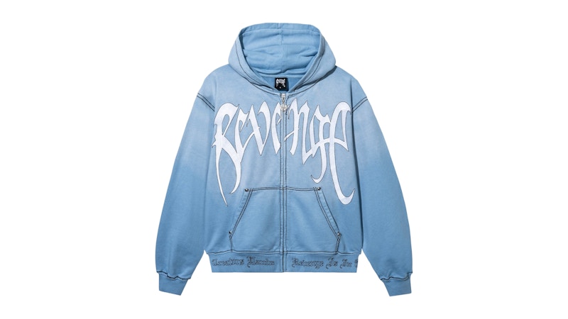 Revenge Contrast Skull Embroidered Zip Sweatshirt Washed Baby Blue/White
