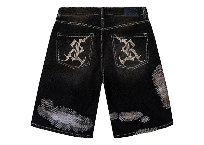 Revenge Distressed Patchwork Denim Short Dirty Black
