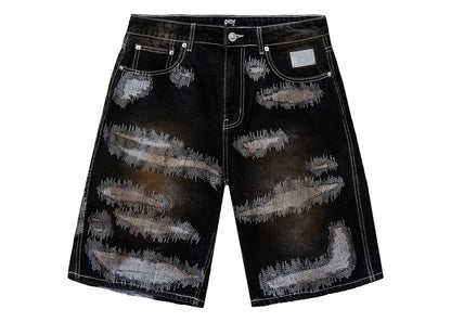 Revenge Distressed Patchwork Denim Short Dirty Black
