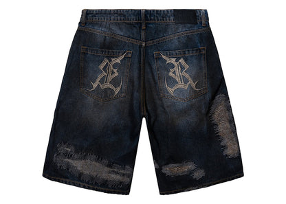 Revenge Distressed Patchwork Denim Short Dirty Indigo