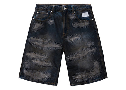 Revenge Distressed Patchwork Denim Short Dirty Indigo