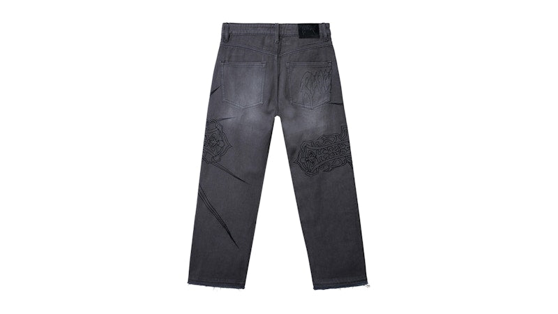 Revenge Spike Cross Embroidered Denim Pant Grey