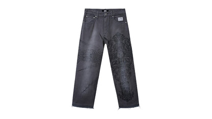 Revenge Spike Cross Embroidered Denim Pant Grey
